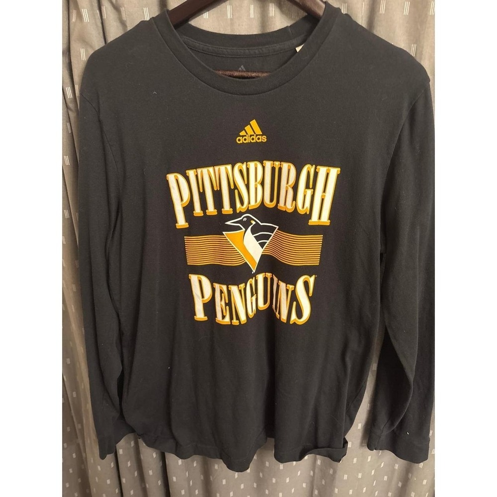 Adidas Pittsburgh Penguins Mens Long Sleeve Graphic T-Shirt Black HE7308 Large